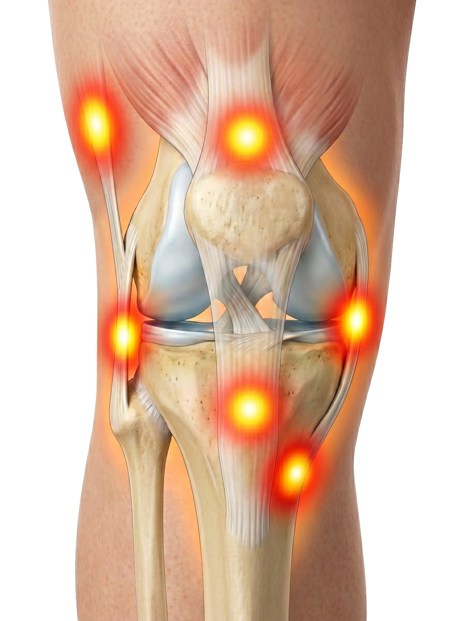 Diagram of the human pelvis highlighting areas of pain or inflammation in red and yellow.
