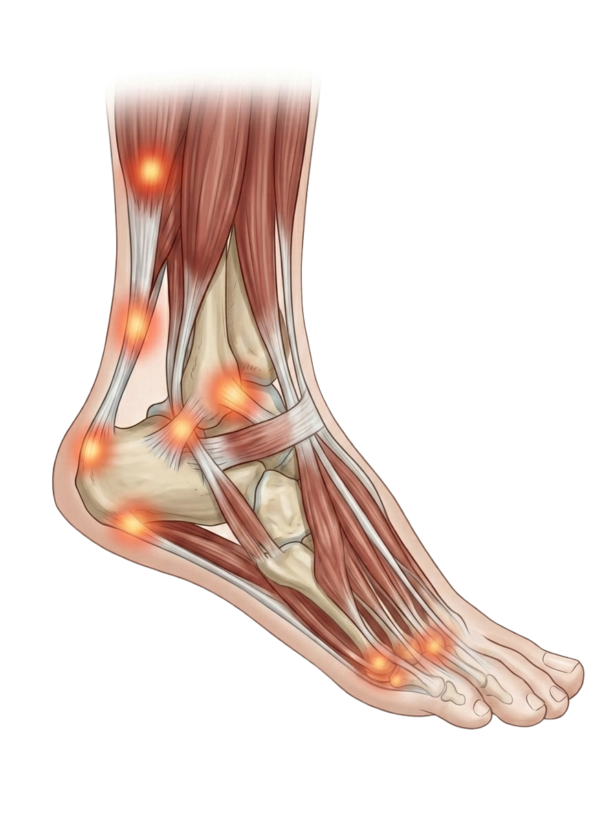 An anatomical illustration of a human foot highlighting muscles, bones, and points of pain or inflammation with orange glow effects.