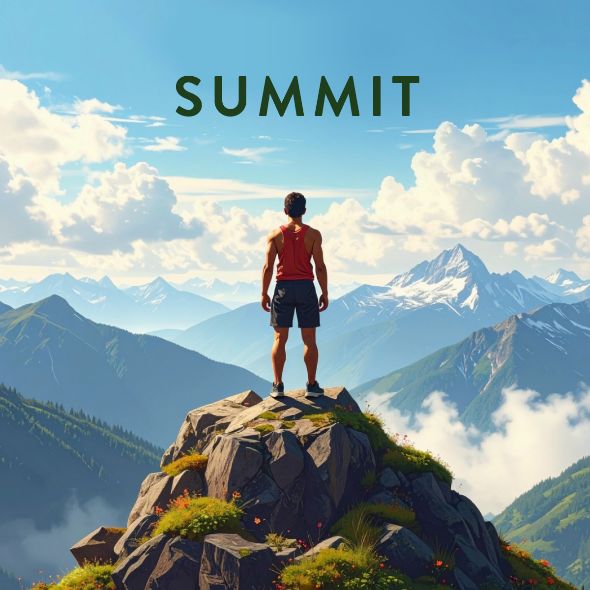 A person standing on a rocky mountain peak overlooking a range of snow-capped mountains and clouds with the word 'SUMMIT' at the top.