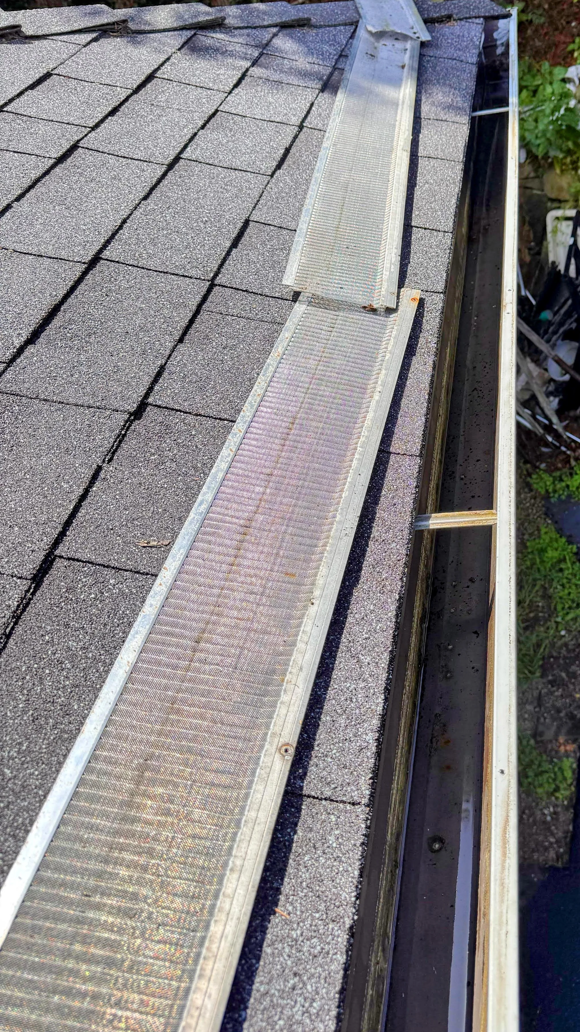The image shows a section of a roof with black asphalt shingles. There is a metal ridge vent along the peak of the roof, which appears to have just had the gutters cleaned. The surrounding area includes some greenery on the right side.