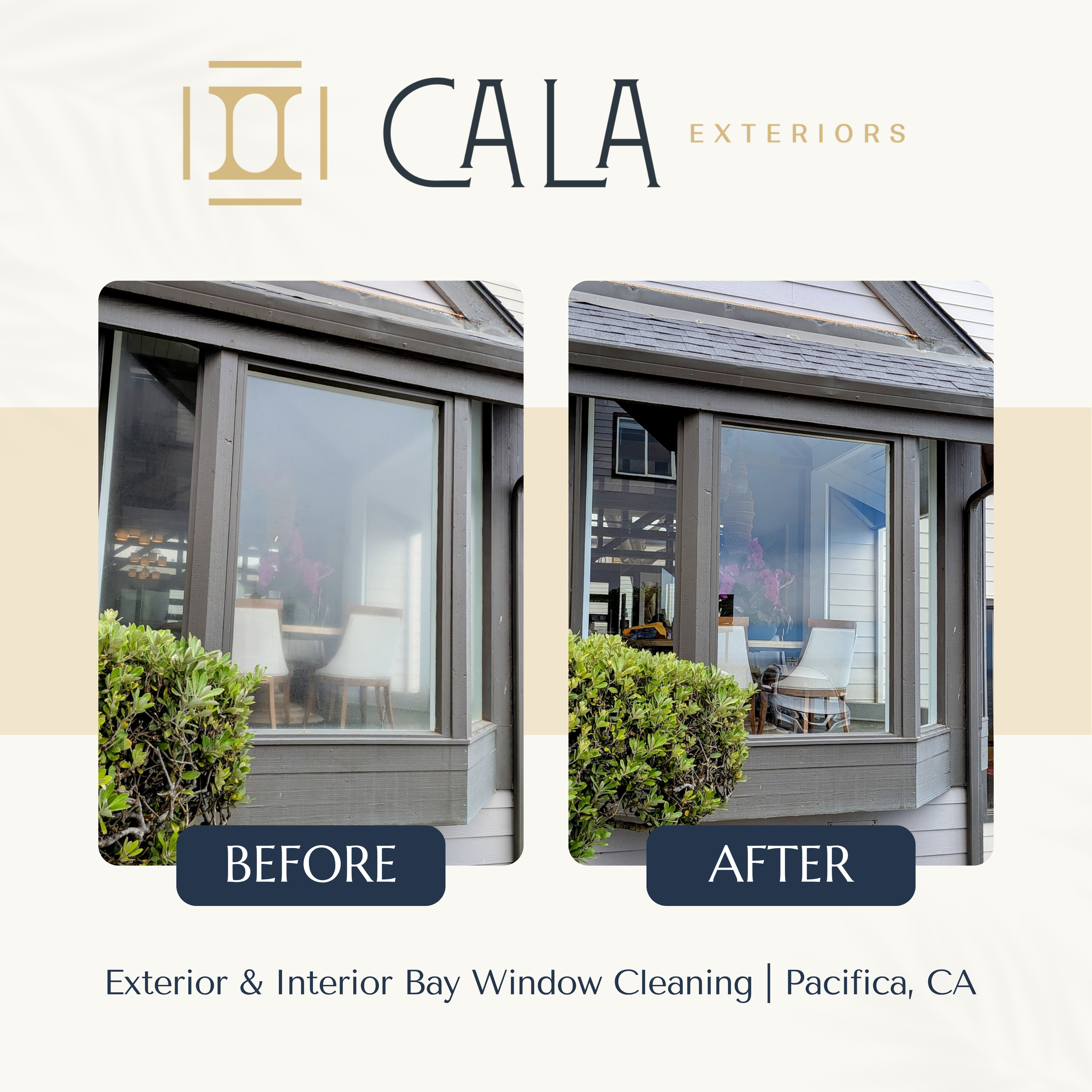 Comparison of window frames before and after exterior and interior bay window cleaning with a garden in front. The before image shows dirty window frames with grime, while the after image shows clean window frames