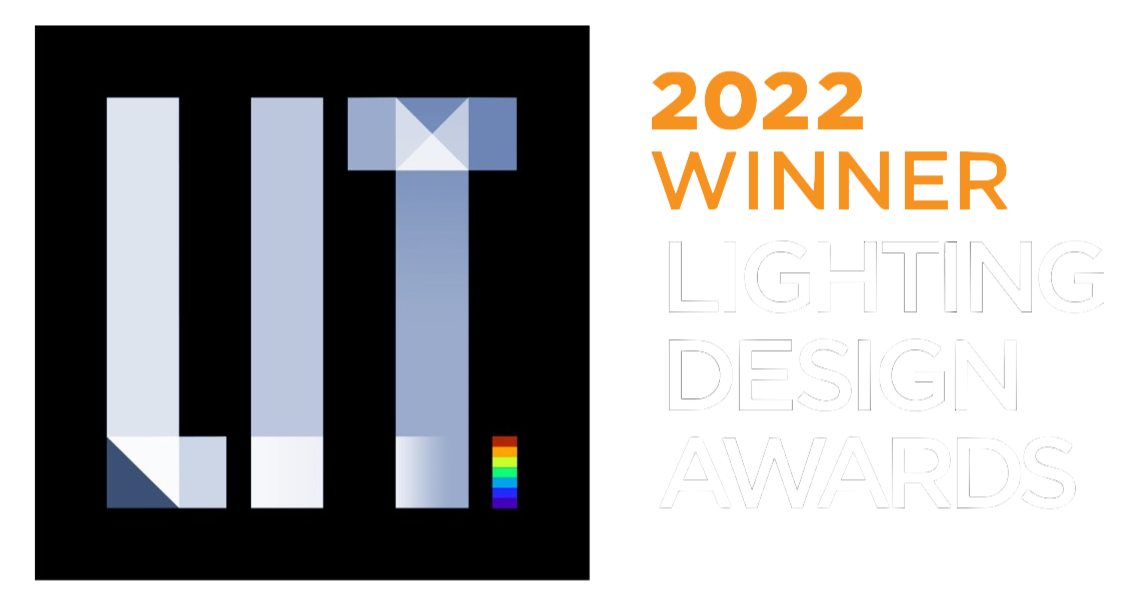 Logo for the 2022 Lighting Design Awards with abstract tall light beams and a rainbow-colored bar.