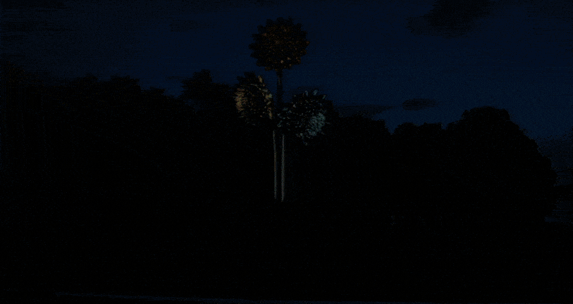 Night scene with tall palm trees on a dark landscape, illuminated by faint moonlight.