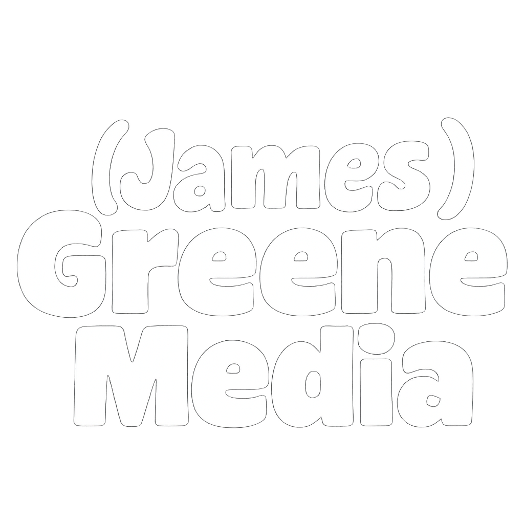 Text reading '(James) Green Media' in white outlined letters on a black background with a glow effect.