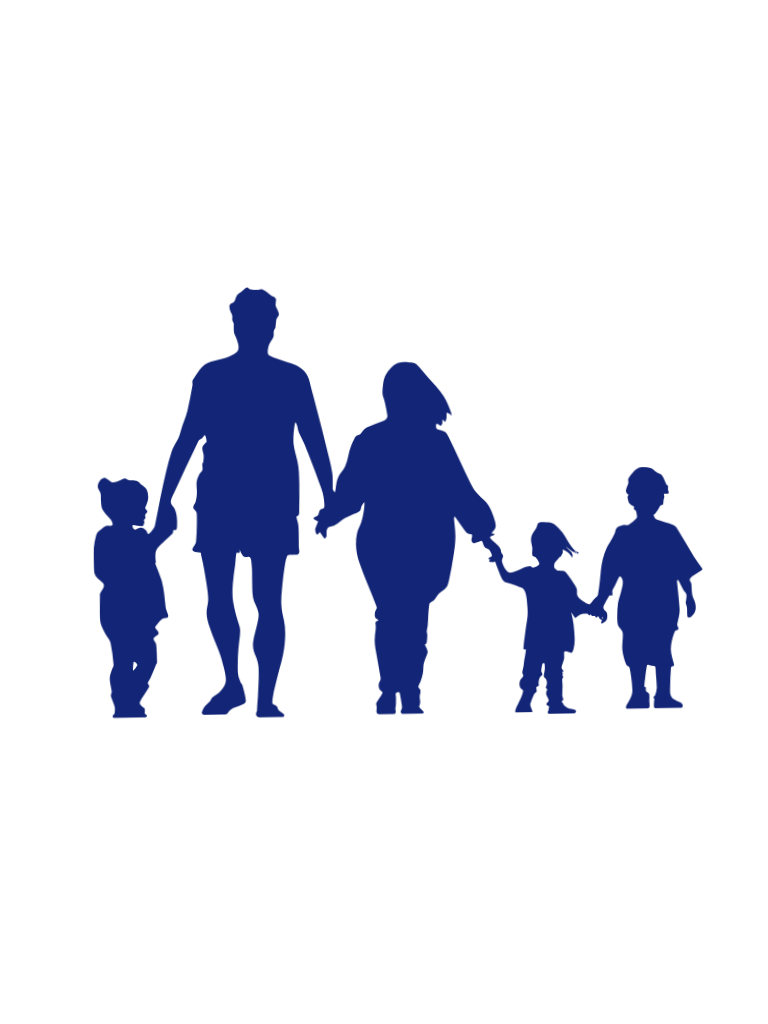 Silhouette of a family walking together, holding hands, in blue against a black background.