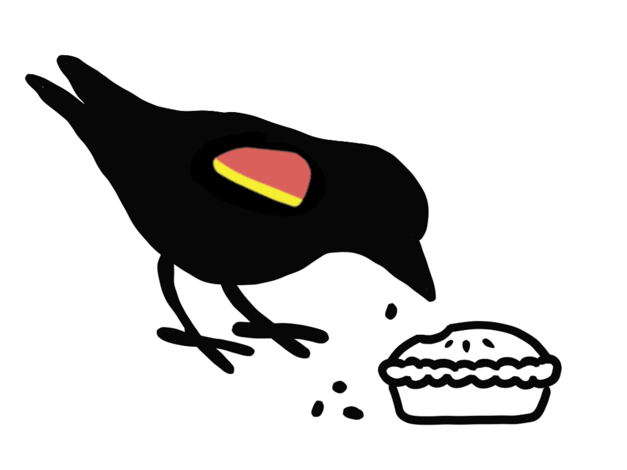 A black bird, possibly a crow or raven, with a red and yellow object in its beak, near a pie or pastry with a wavy top crust.