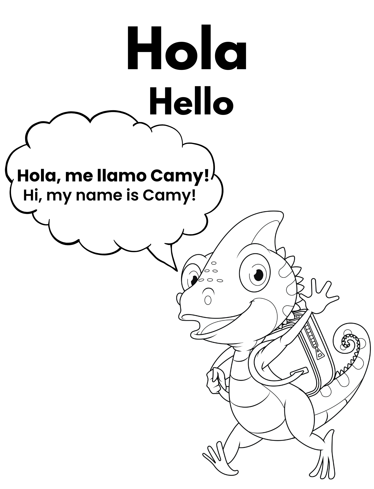 Black and white coloring page featuring a cartoon lizard with a backpack, waving and smiling. The page has the word 'Hola' and 'Hello' at the top, with a speech bubble that says 'Hola, me llamo Camy! Hi, my name is Camy!'.