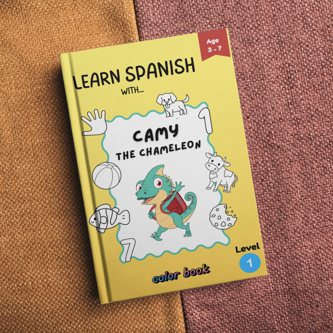 Yellow children's book titled "Learn Spanish with Camy the Chameleon," designed for ages 3 to 7, with illustrations of a chameleon, a dog, a cow, a fish, a ball, and a cookie on the cover.