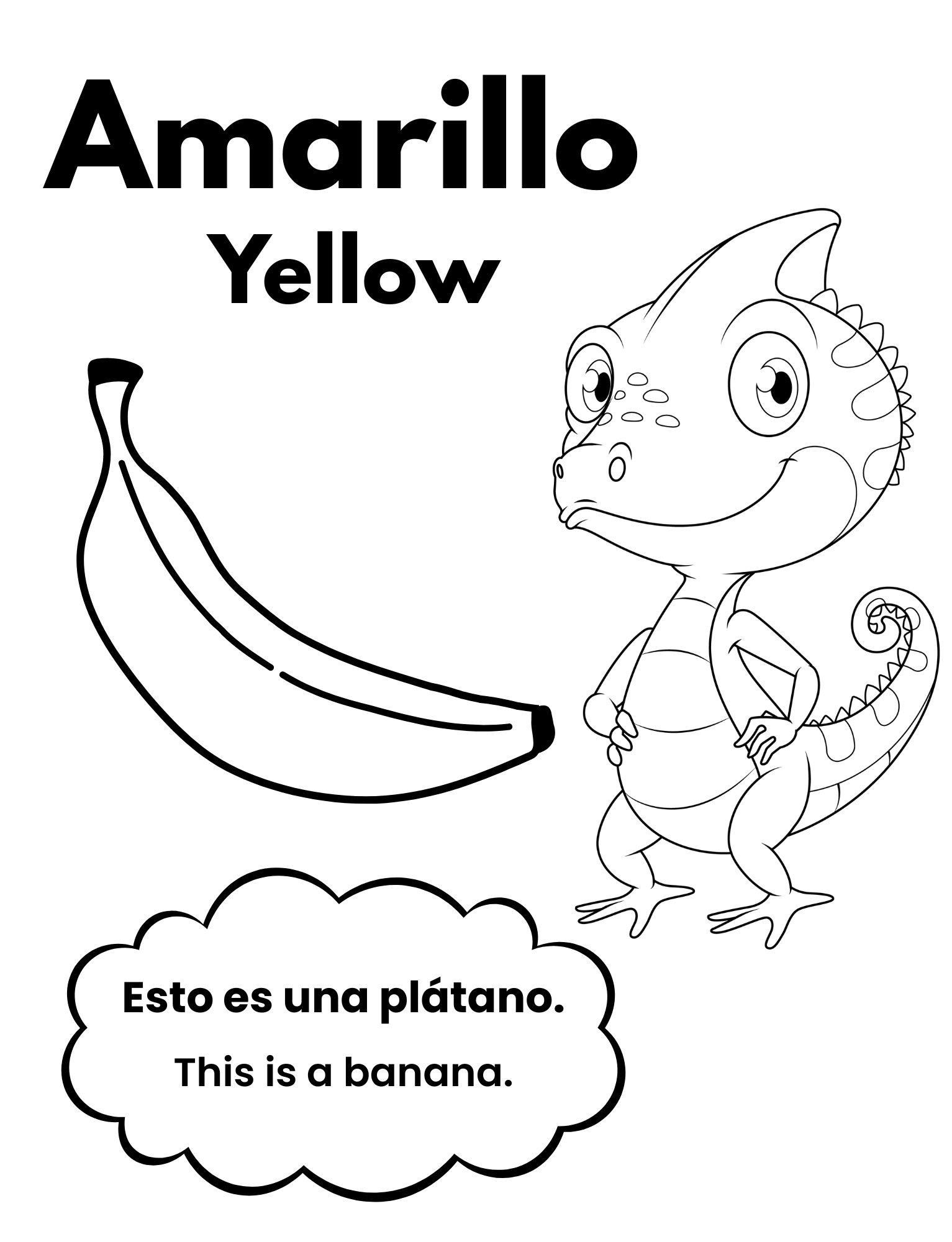 A coloring page featuring a cartoon alligator standing next to a banana, with labels in English and Spanish indicating that the banana is yellow and it is a banana.
