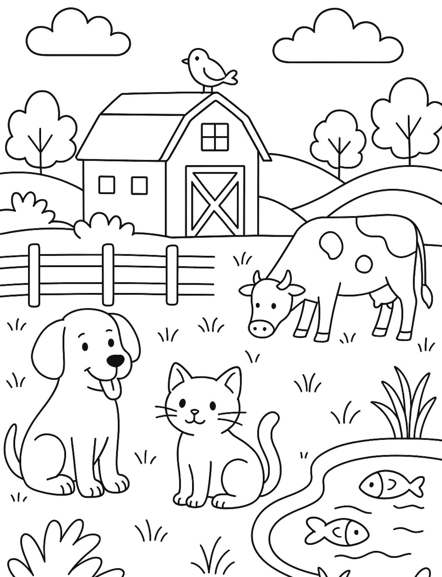 Black and white outline of a farm scene with a barn, a cow, a dog, a cat, and a pond with fish. There are trees, bushes, clouds, and a bird on top of the barn.