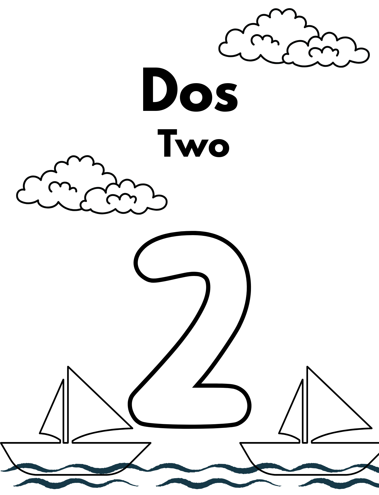 Coloring page with the number two, two sailboats on water, clouds, and the word "Dos" in Spanish and "Two" in English.