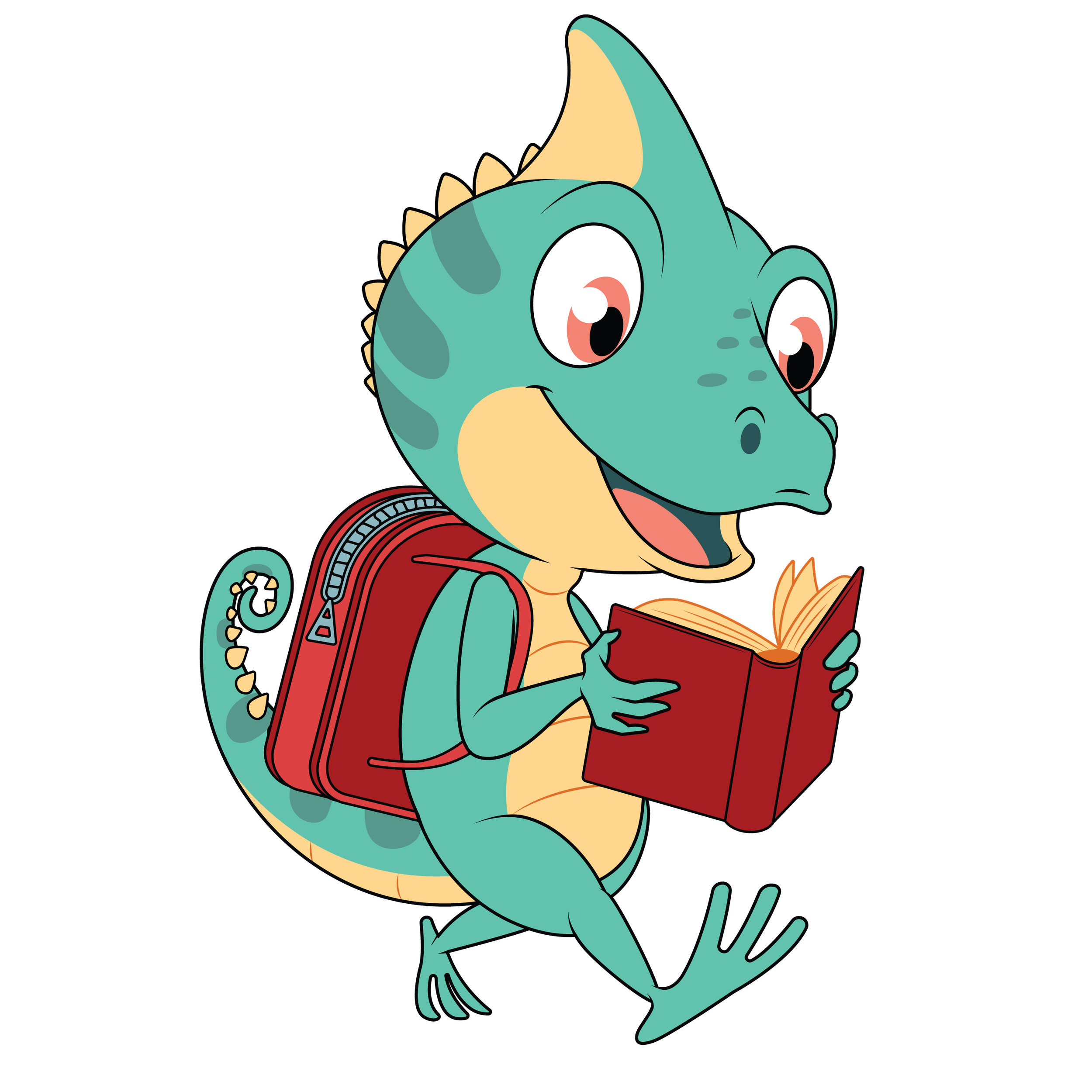 Camy the Chameleon with a backpack reading a bilingual book.