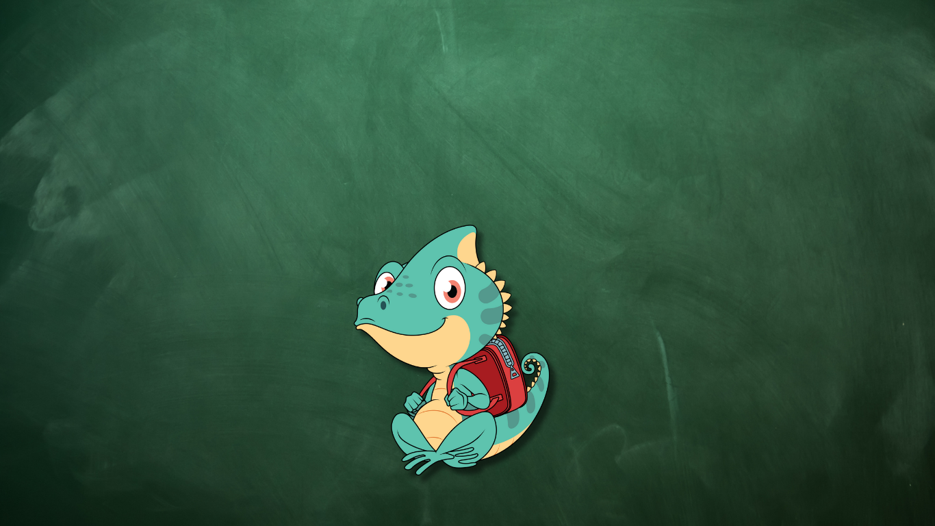 Camy the Chameleon with a red backpack sitting on a green chalkboard background.