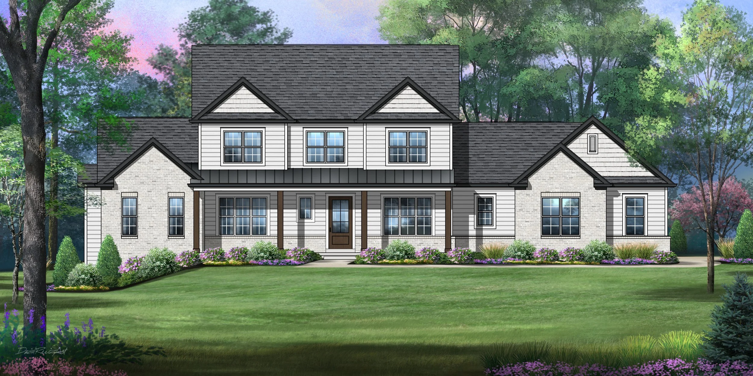 Illustration of a large two-story house with white brick and siding exterior, dark gray roof, and front porch, surrounded by landscaped garden with bushes, flowers, and trees.