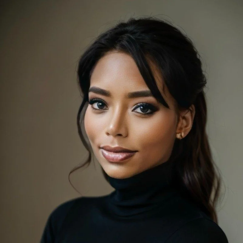 Portrait of a young woman with dark hair, wearing a black turtleneck, looking at the camera with a slight smile.