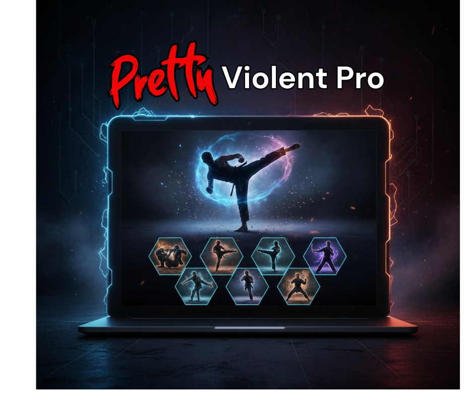 A digital poster for Pretty Violent Pro martial arts game featuring a person performing a high kick on a laptop screen surrounded by hexagon images of martial arts stances, with glowing electric effects and a dark background.