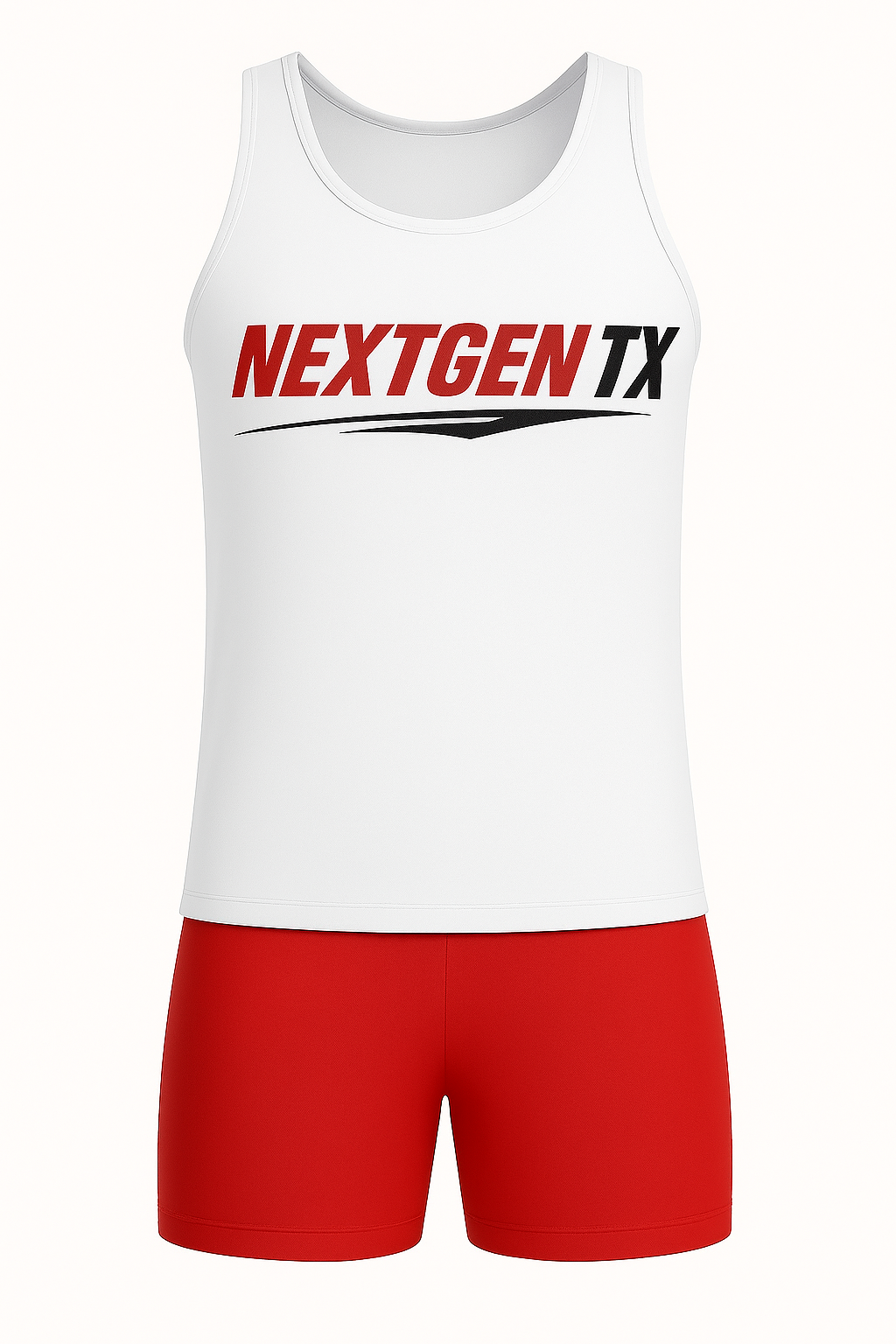 White athletic tank top with the words 'NEXTGEN TX' in red and black text, paired with red athletic shorts.