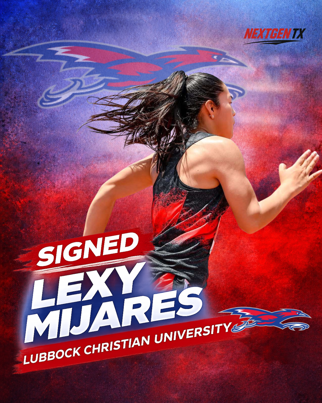 Athletic female runner with long dark hair in motion, wearing a black and red sports dress, with a background featuring the Lubbock Christian University mascot and logos, and text indicating she signed with Lubbock Christian University.