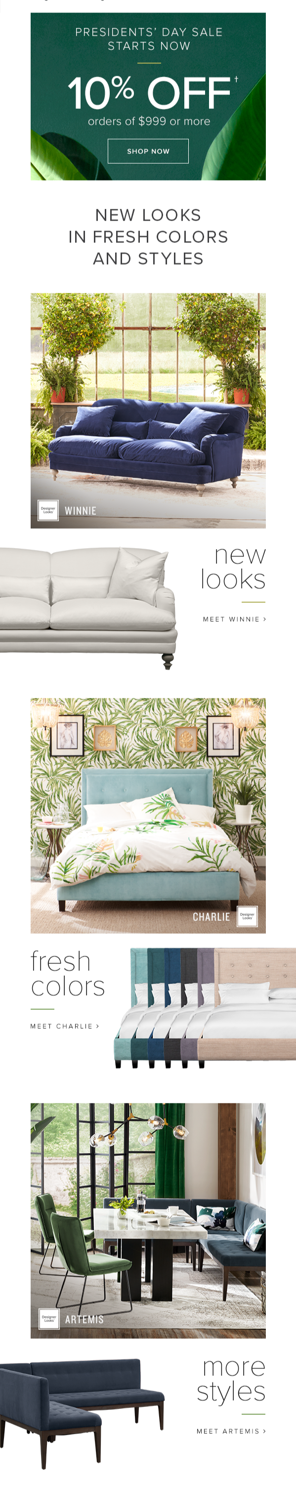 Promotional email emphasizing the current sale and showcasing fresh graphics and new product arrivals for spring. CLIENT: Value City Furniture