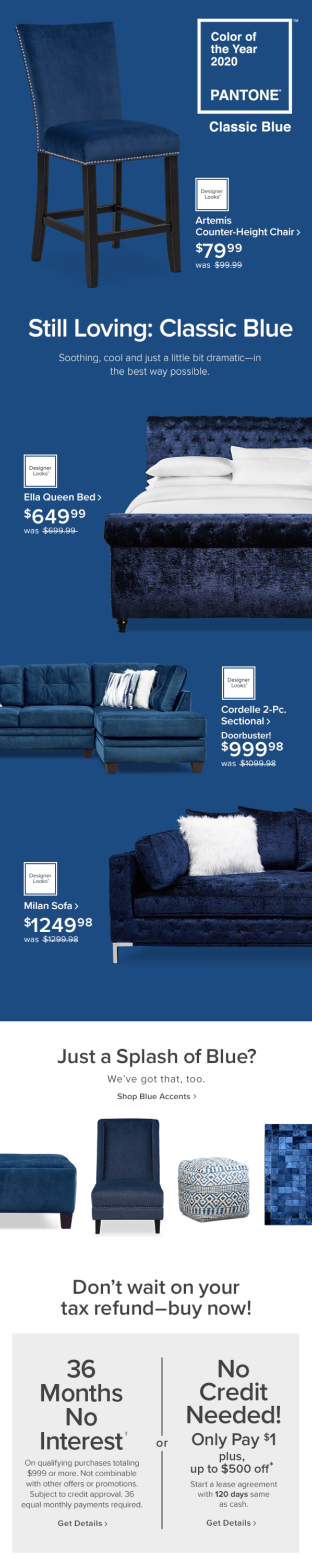 Email showcasing the Pantone color of the year and the products offered in that color. CLIENT: Value City Furniture