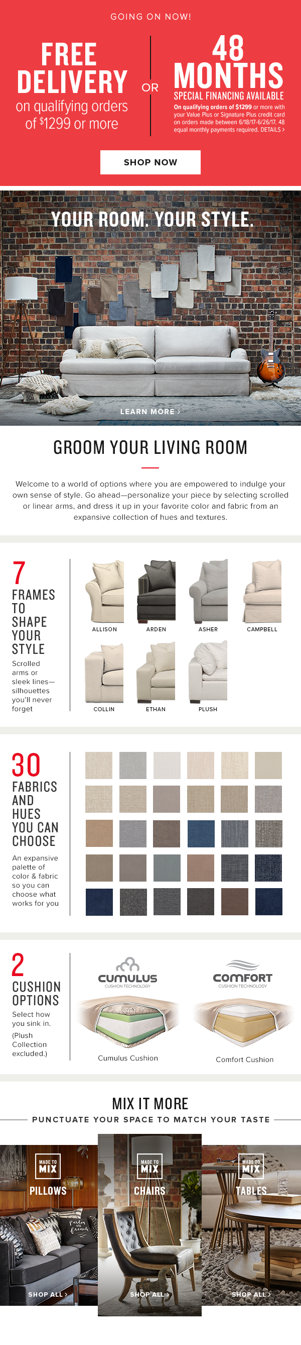 Email educating customers about the custom-order sofa collection, taking a lot of information and communicating it clearly. CLIENT: Value City Furniture