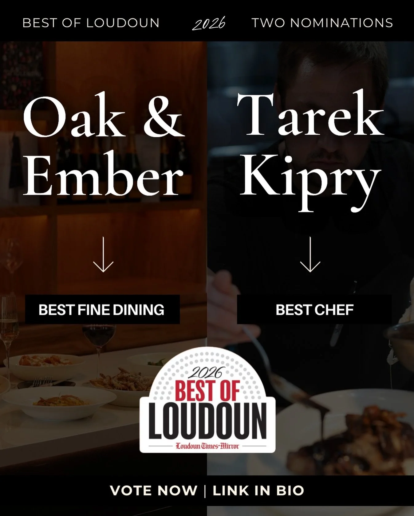 Two nominations. Two reasons to vote. 🤎

Best Fine Dining Restaurant &mdash; Oak &amp; Ember.
Best Chef &mdash; Tarek Kipry. (@cheflife23)

We&rsquo;re just getting started, and we&rsquo;re here to stay. Help us make our mark.

Vote daily through Ma