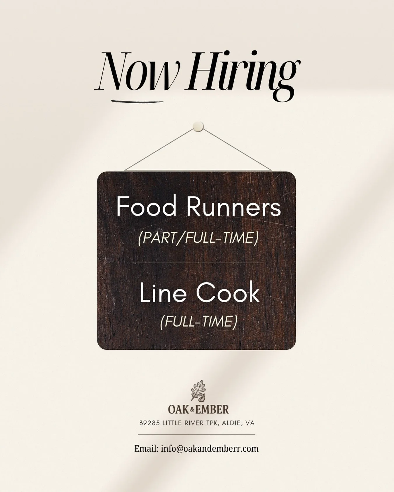 Now hiring. Full-Time Line Cook &amp; Food Runners.

DM us or email info@oakandemberr.com to apply. 🔥