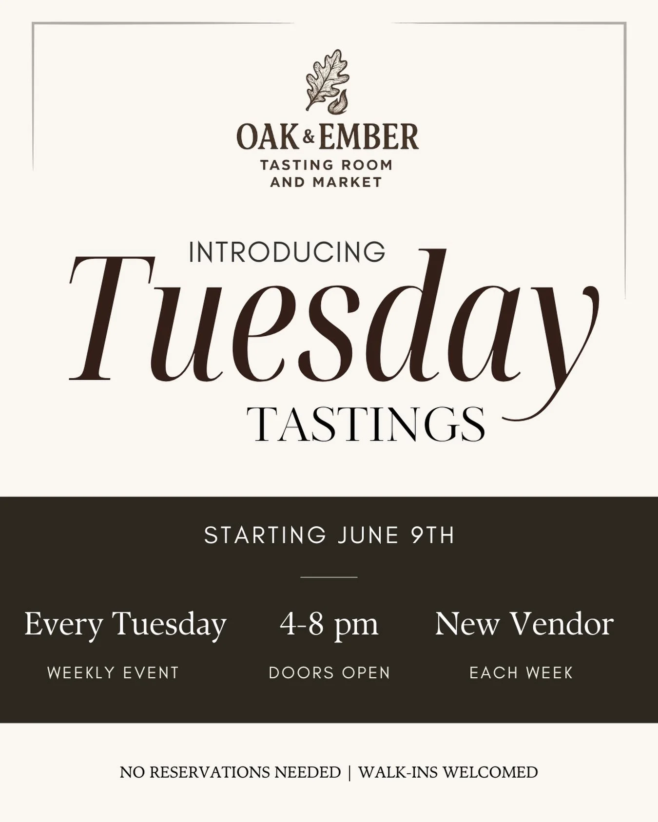 Something new is happening every Tuesday. 👀

Starting tomorrow, we&rsquo;re opening our doors from 4&ndash;8 PM for weekly wine tastings featuring a new vendor each week. 

Flights, small bites, retail selections, and zero reservations required. Jus
