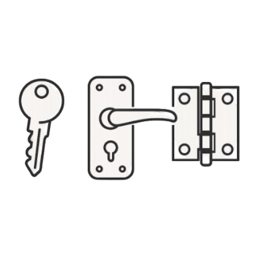 A close-up of a silver key inserted into a door lock and a latch.