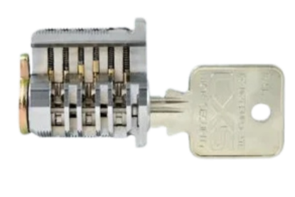 Close-up of a mechanical lock cylinder attached to a key.