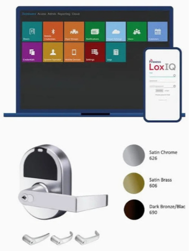 Digital lock installation kit including a gray satin chrome lock, satin brass lock, dark bronze/black lock, a digital tablet showing an access control app, and three white handle components.