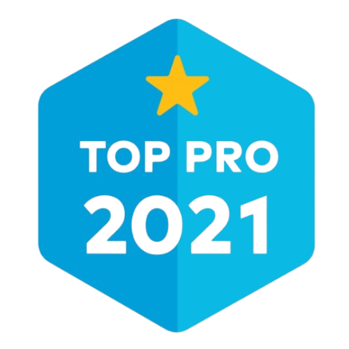 Blue badge with a yellow star at the top, displaying the text 'TOP PRO 2021' in blue.