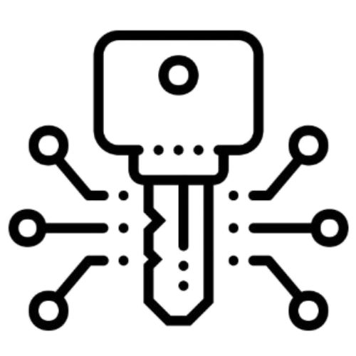 A black infographic showing a robot head in the center connected to various icons representing technology, communication, and data.