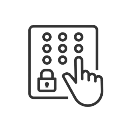 Icon of a person entering a passcode on a keypad with a lock symbol and a hand selecting numbers.