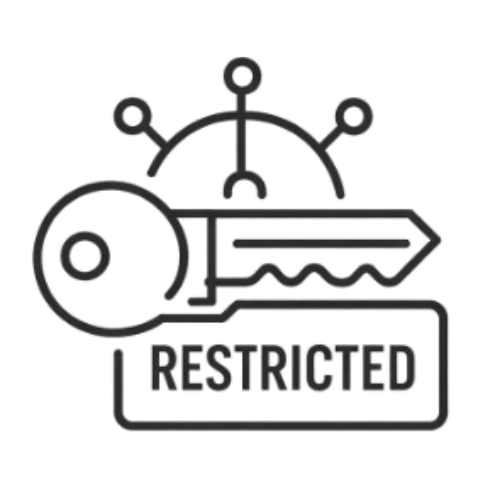 A key with a 'Restricted' stamp and a network security icon above it.