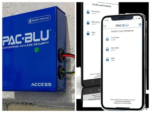 Blue Pac-BLU enterprise keyless security access control box with Bluetooth Smart Lock logo, connected to three colored wires, alongside a smartphone displaying the Pac-BLU app interface with lock status.