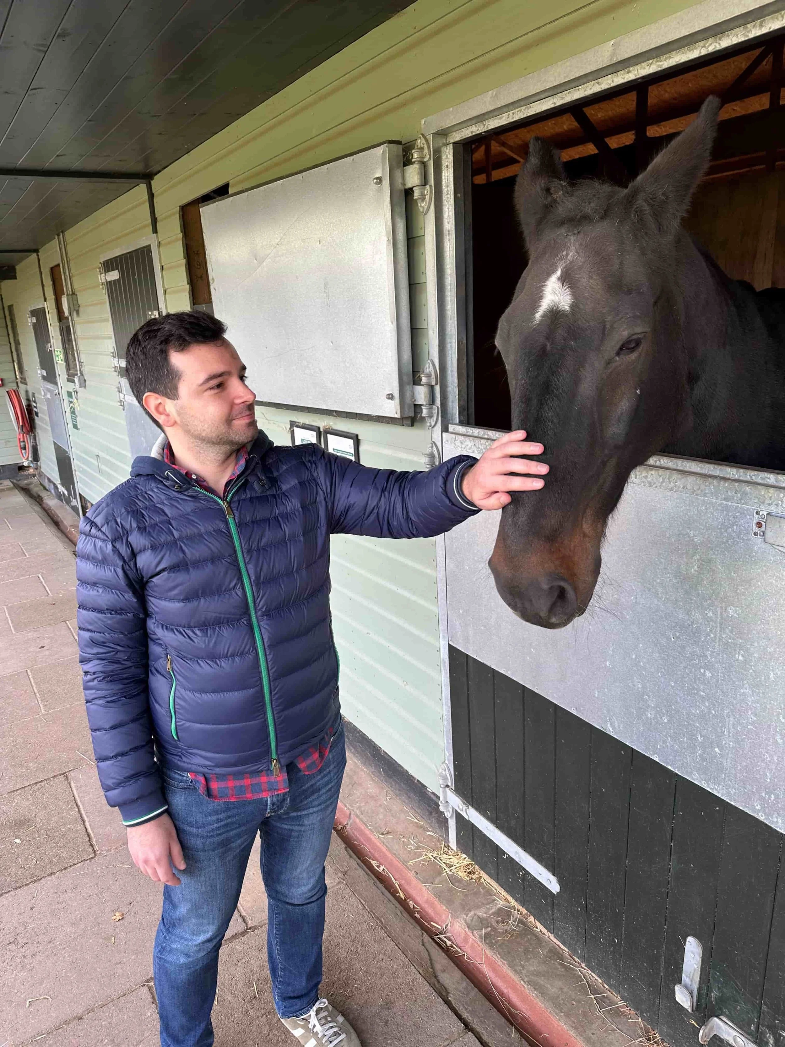 Mario standing calmly beside a horse outdoors.