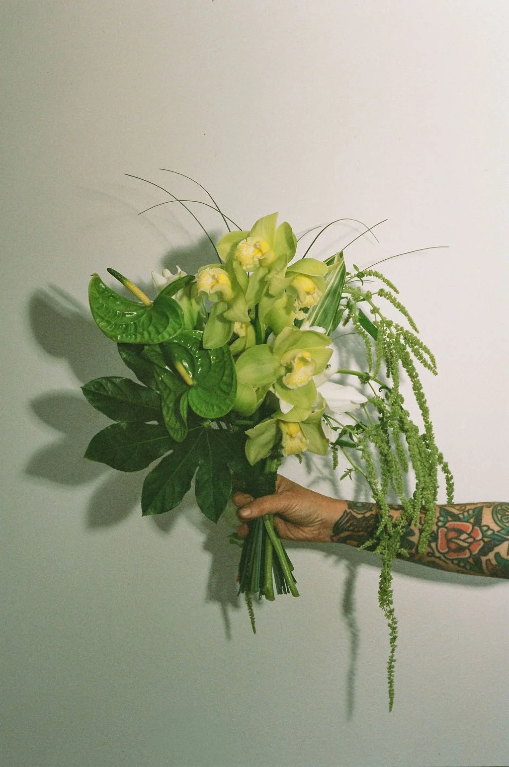 Hand holding a bouquet of various green and yellow flowers and foliage against a plain background.