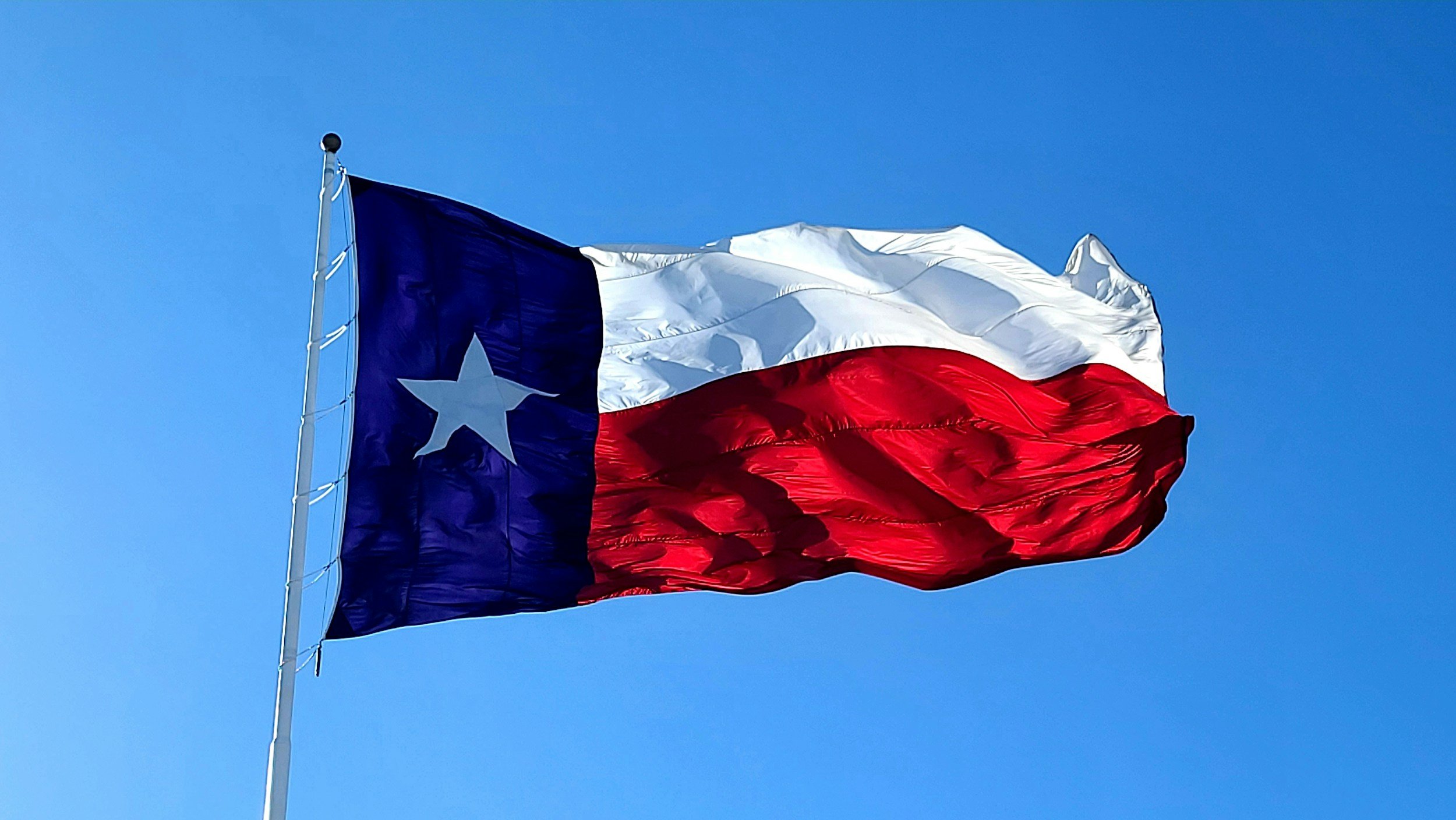 The Texas state flag flying against a clear blue sky.