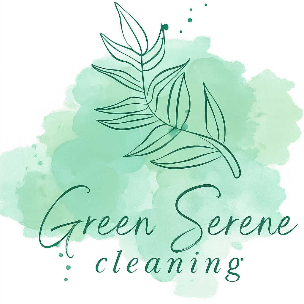 Logo for Green Serene Cleaning with a stylized leaf illustration and green watercolor background.
