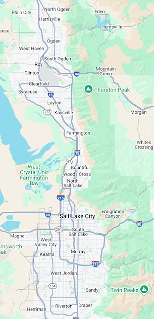Map of the Salt Lake City area showing cities, highways, and natural landmarks including Thruston Peak and Twin Peaks.