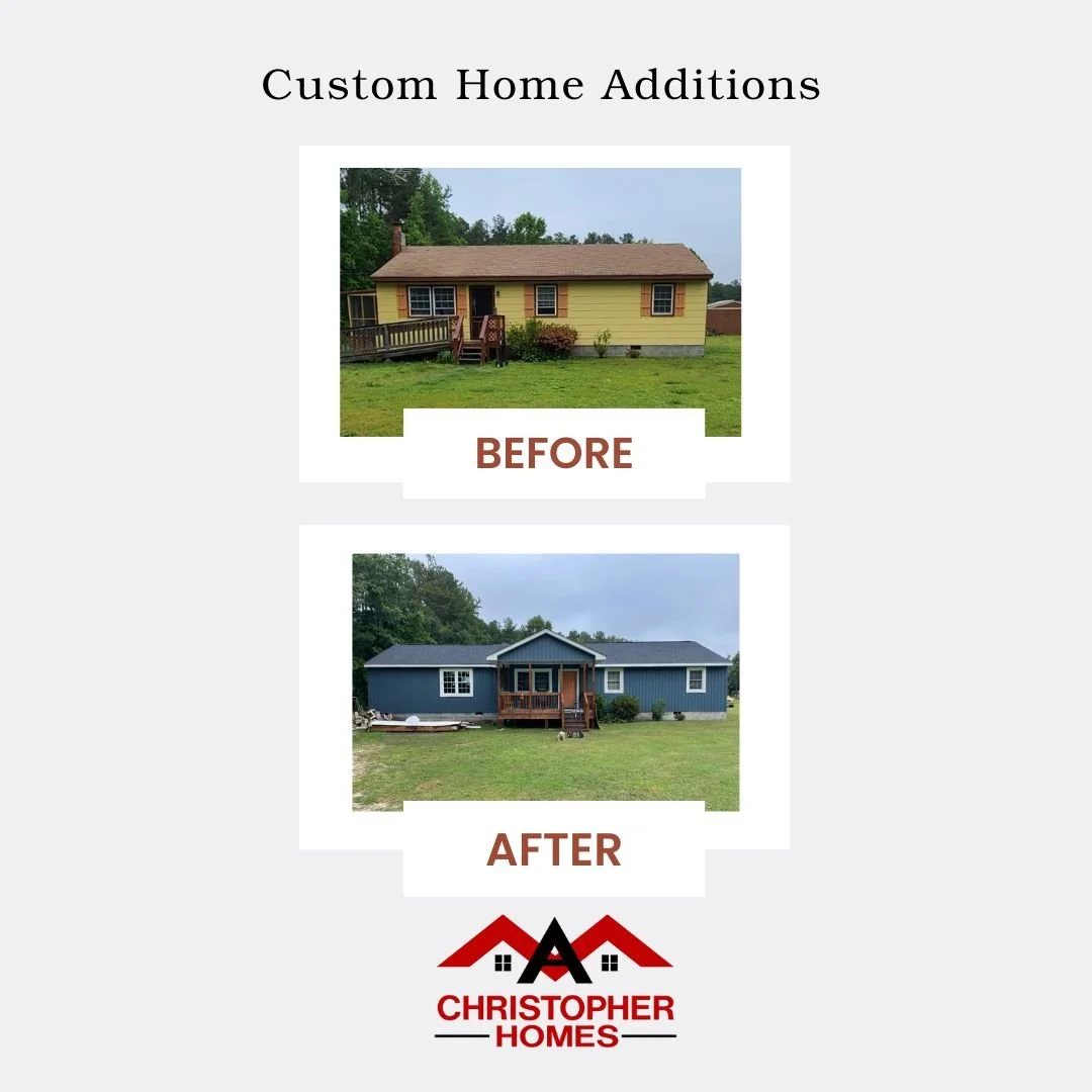 Side-by-side comparison of a house before and after renovation by Christopher Homes. The "before" house is yellow with a small porch, and the "after" house is painted blue with a larger deck, showing improvements in exterior design.