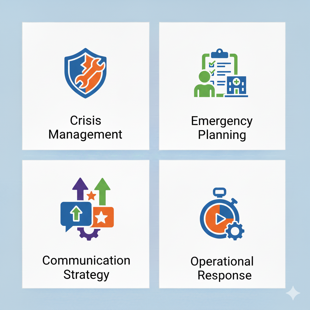 A grid of four icons with labels: a shield with a wrench labeled 'Crisis Management', a clipboard with a person and medical symbols labeled 'Emergency Planning', arrows and stars labeled 'Communication Strategy', and a stopwatch with a gear labeled 'Operational Response'.