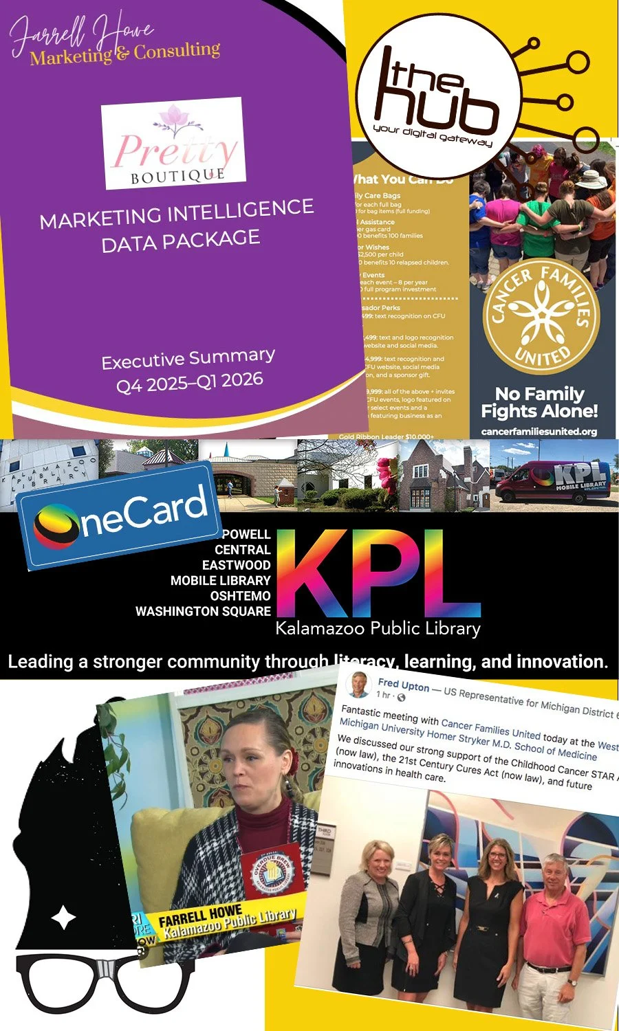Collage of community and library images, including a purple report cover titled 'Marketing Intelligence Data Package', a photo of people at an outdoor event, a Kalamazoo Public Library bus, a group of women at an indoor event, a woman named Farrell Howe with a library badge, and a Facebook post with a group photo of four women.