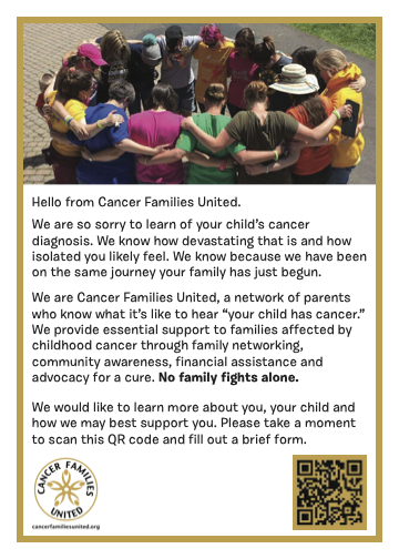 A postcard designed for the welcome bags for new families with children diagnosed with cancer admitted to Bronson Hospital's Pediatric Hematology/Oncology department from Cancer Families United. 