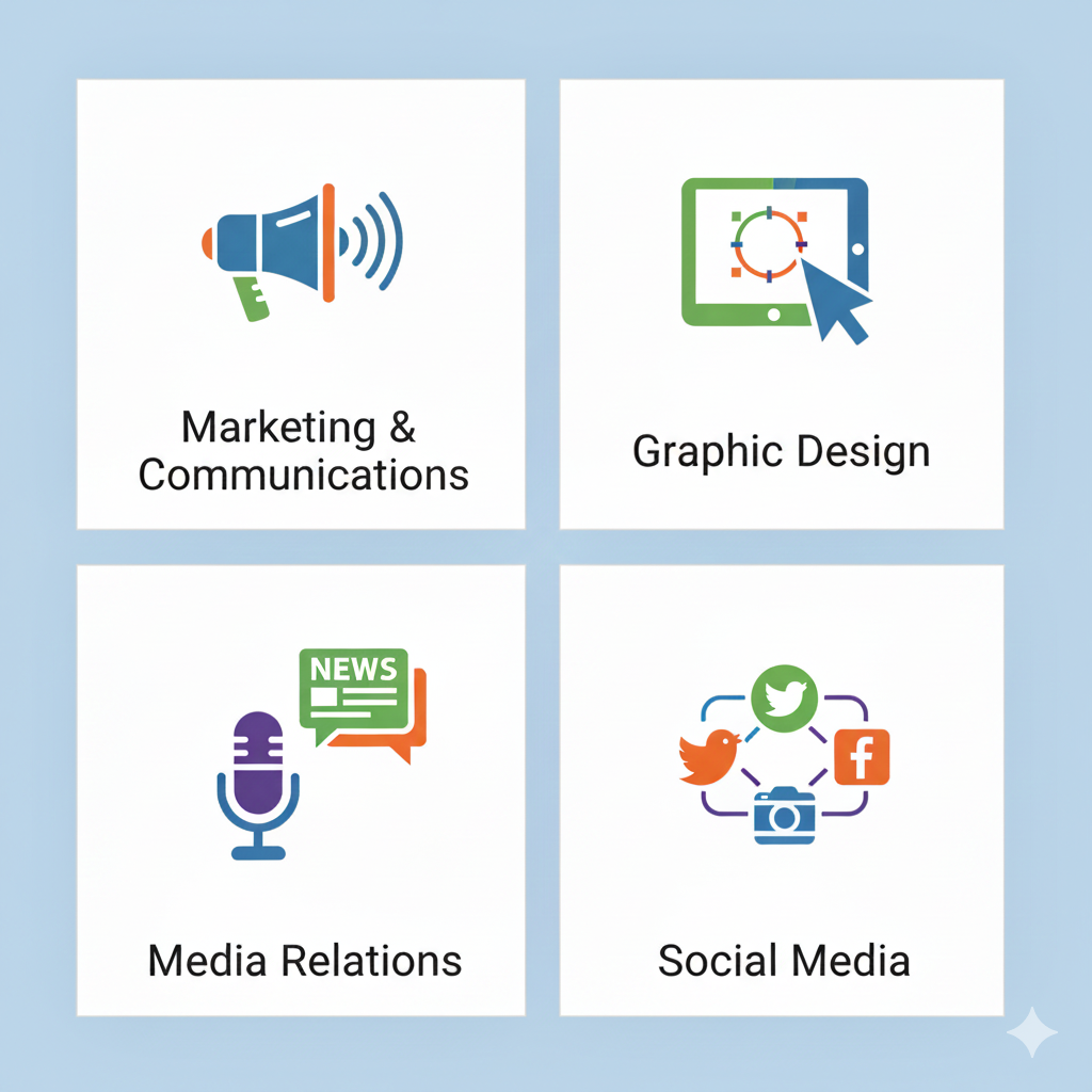 Four icons representing services: a megaphone for marketing & communications, a tablet with a cursor for graphic design, a microphone and news speech bubble for media relations, and social media icons for social media.