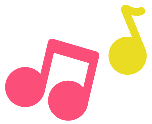 Two colorful musical notes, pink and yellow, on a black background.