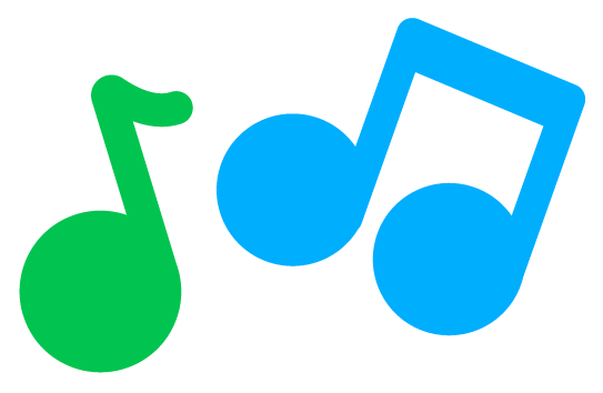 Three colorful musical notes in green, blue, and light blue.