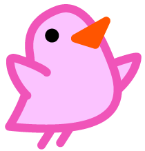 A cartoon pink bird with an orange beak and black eye.