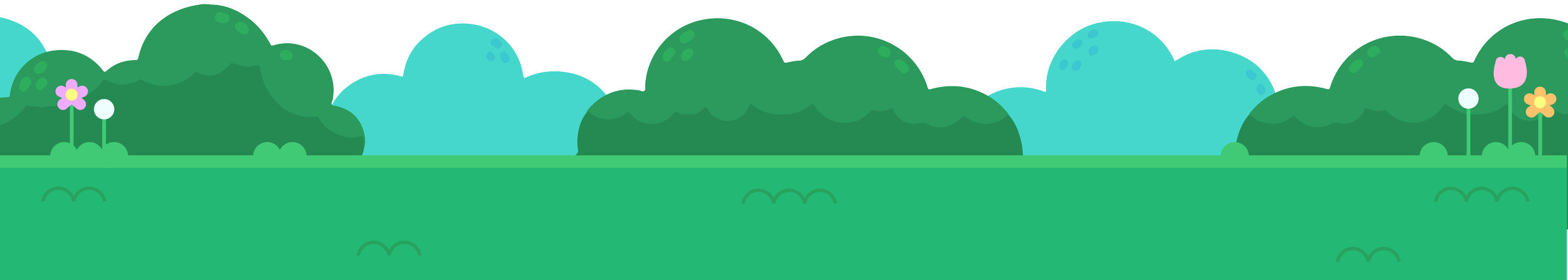 Simple digital illustration of a green outdoor landscape with trees and flowers, and a clear sky in the background.